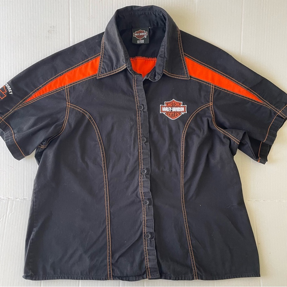 Harley-Davidson Women’s  Short Sleeve Black/Orange Button Up Shirt Embroidered